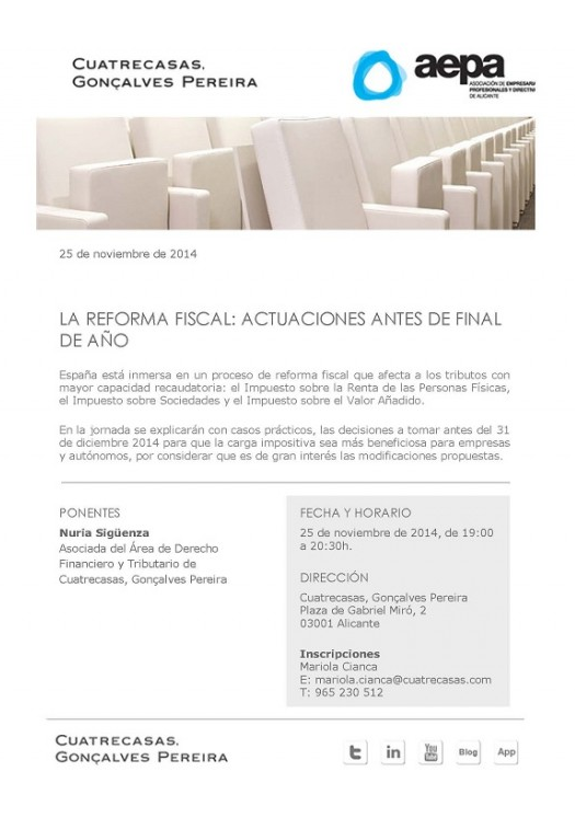 Ficha sobre la charla: La reforma fiscal, actuaciones antes de final de año, desarrollada por AEPA y Cuatrecasas